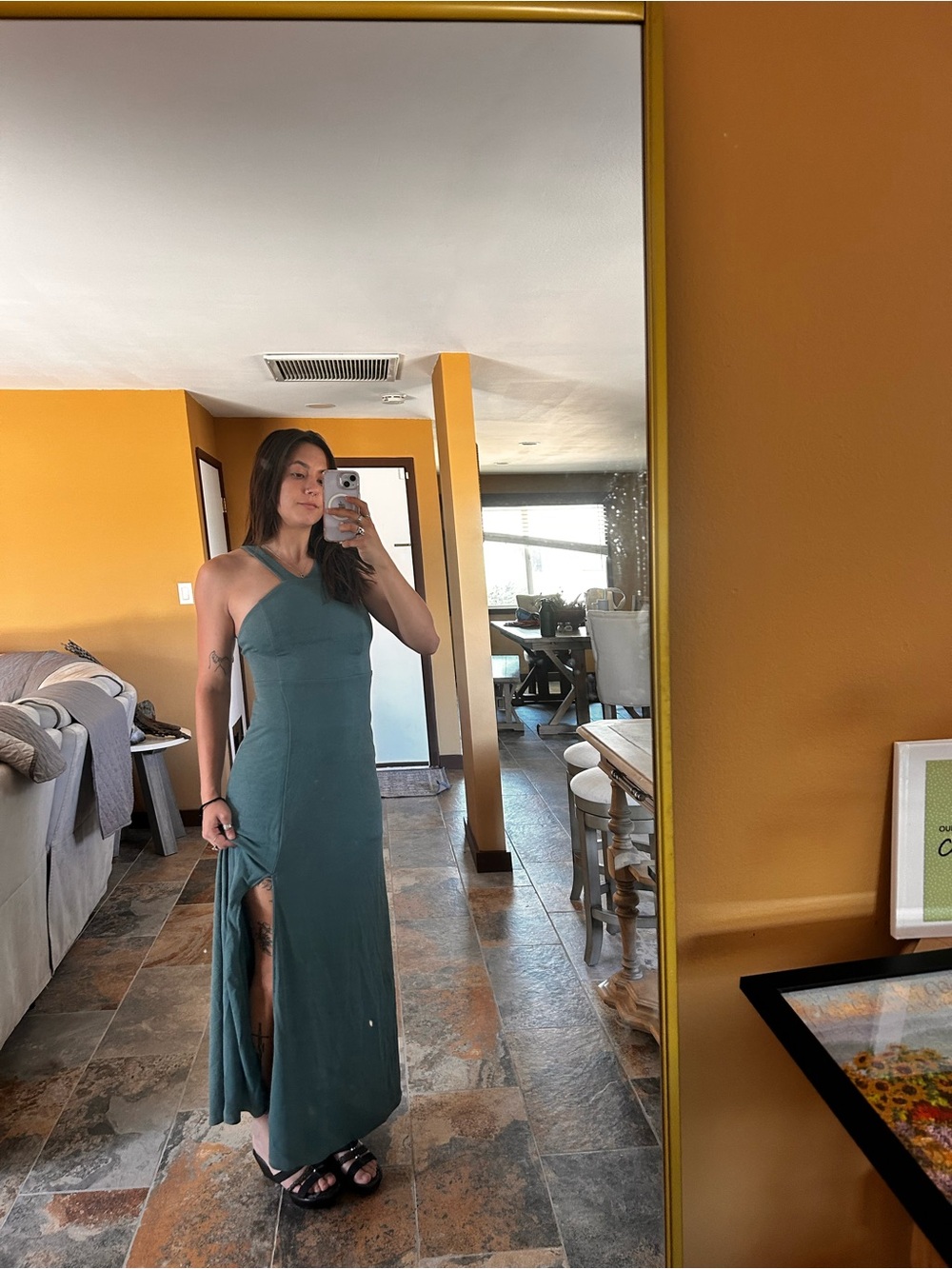Birdy Grey Bridesmaid Dress XS Halter Maxi Dress Blue Green Gray Slit